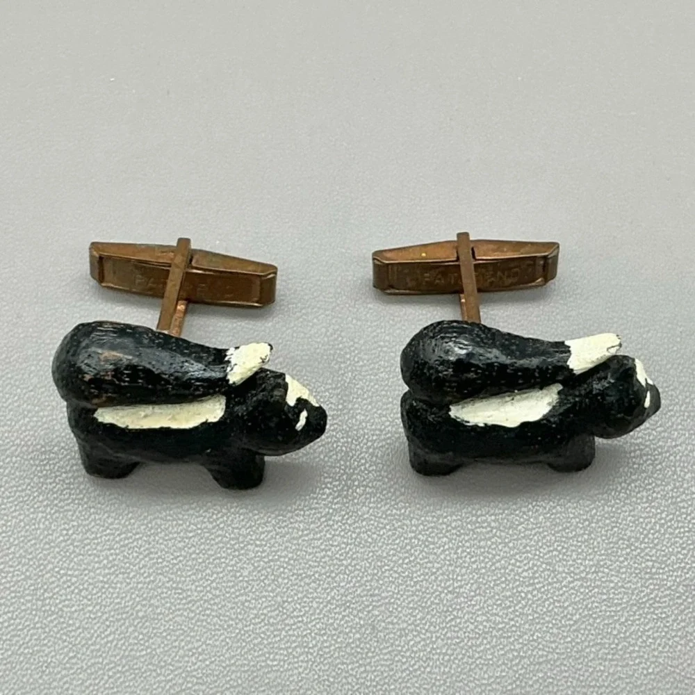 Vintage Skunk Cufflinks Hand Painted Figural Black White Wood Novelty Pat Pend